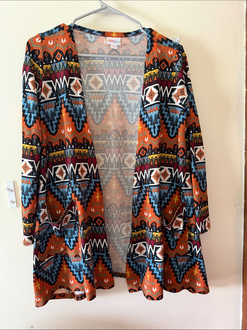 LuLaRoe Open-Front Aztec Cardigan in Orange, Blue, Black & White